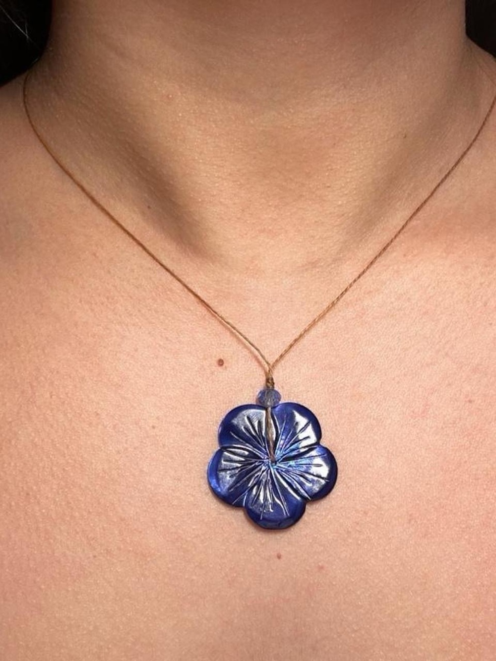 Hand Crafted Blue Floral Pendant mother of pearl Necklace waterproof cord